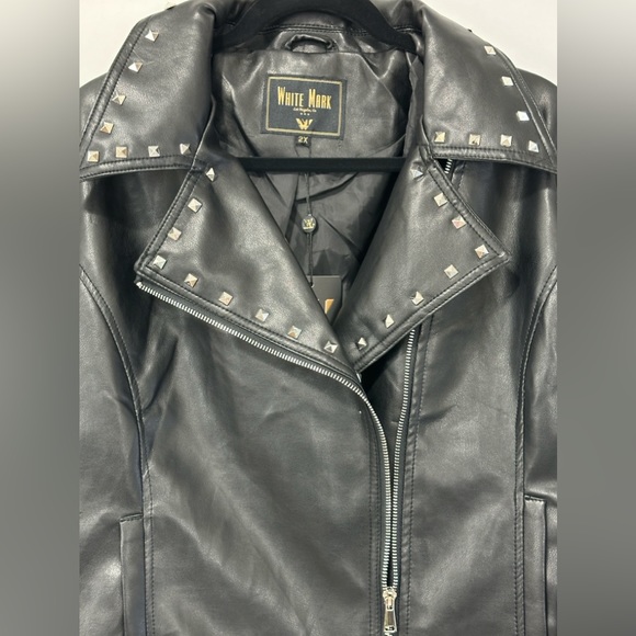 White Mark Black Faux Leather Studded Biker Waist Jacket Silver Accents … - Picture 9 of 16